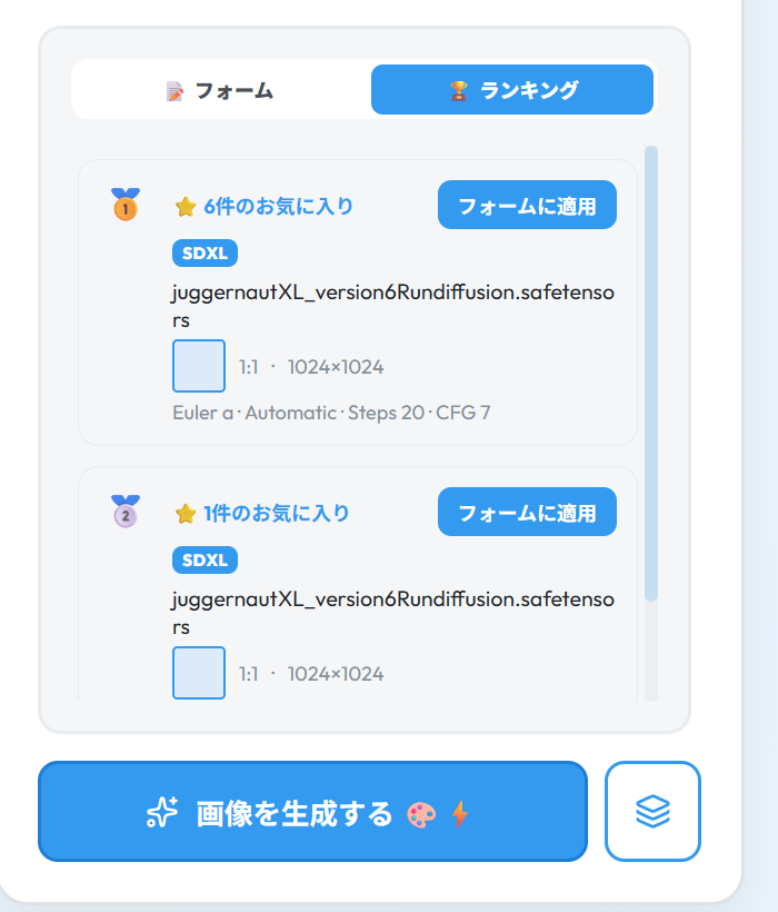 ランキングタブ - 1 位が 6 件のお気に入り、2 位が 1 件のお気に入り。それぞれ SDXL バッジ、モデル名、1:1・1024×1024、Sampler・Scheduler・Steps・CFG が並び、「フォームに適用」ボタンも見える